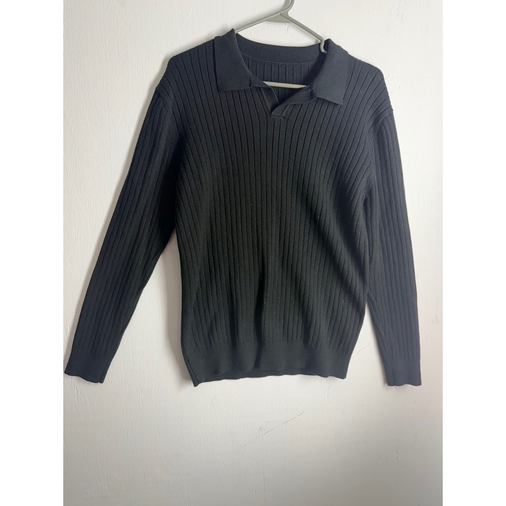 Dazy Black Ribbed Knit Sweater Polo Long Sleeve V-Neck Collared Top Size M